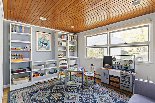 interior space with wooden ceiling and wood finished floors