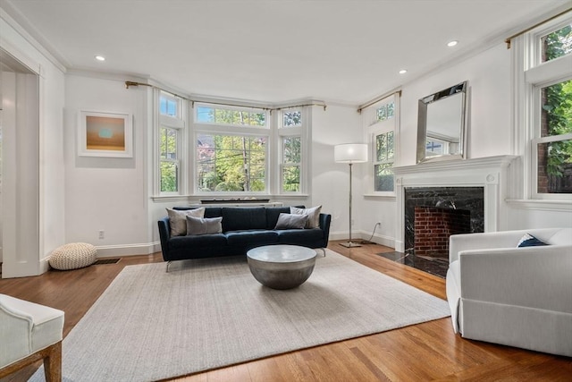 living area featuring baseboards, a premium fireplace, wood finished floors, and recessed lighting