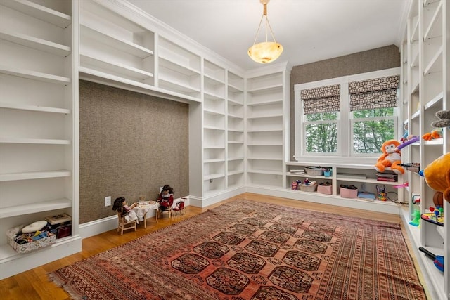 game room with wood finished floors and built in features