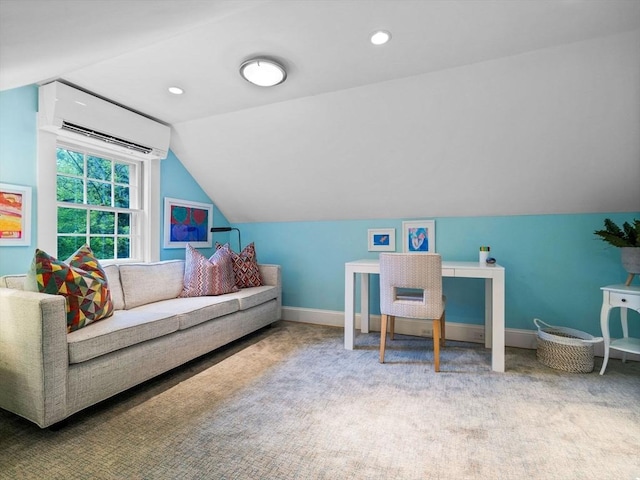 carpeted office featuring a wall unit AC, lofted ceiling, baseboards, and recessed lighting