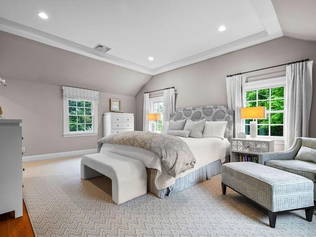 bedroom with vaulted ceiling, multiple windows, baseboards, recessed lighting, and crown molding