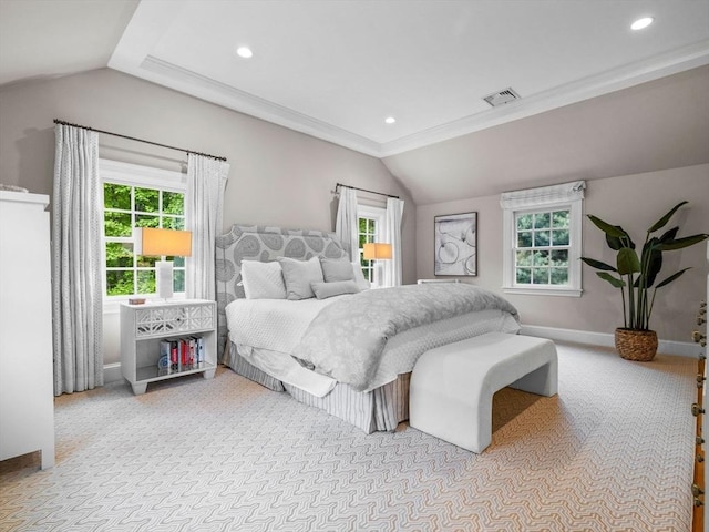 bedroom with lofted ceiling, multiple windows, recessed lighting, carpet flooring, and baseboards