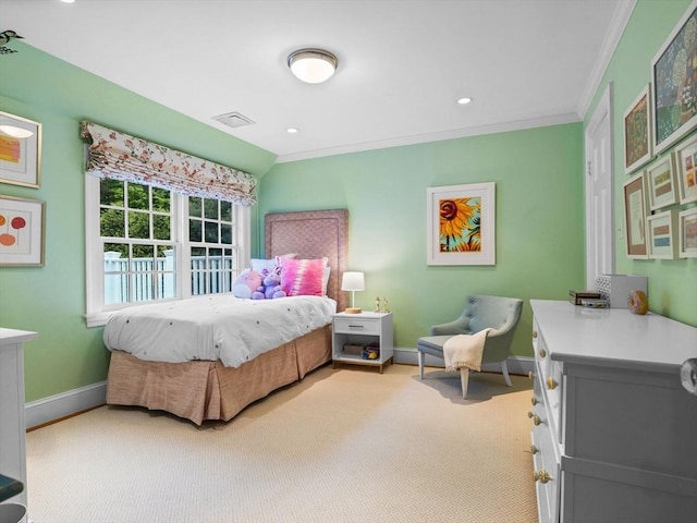 bedroom featuring ornamental molding, baseboards, light carpet, and recessed lighting