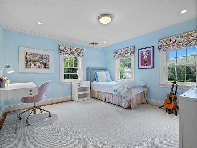 bedroom featuring baseboards, carpet, recessed lighting, and crown molding