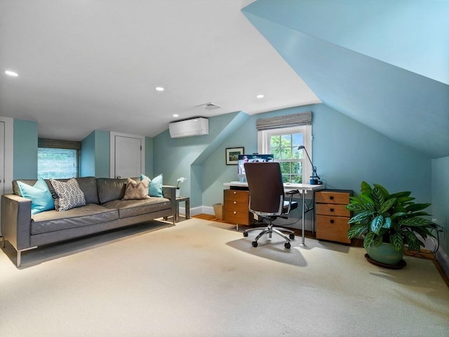 carpeted office with lofted ceiling, baseboards, and recessed lighting