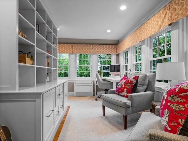 home office featuring crown molding and recessed lighting