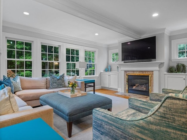 living area with crown molding, a premium fireplace, wood finished floors, recessed lighting, and baseboards
