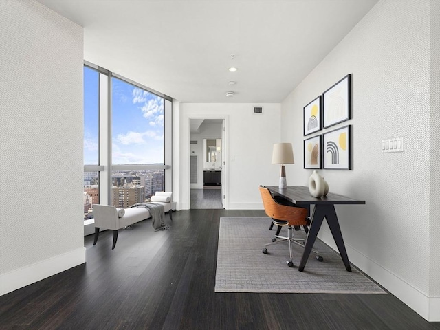 office space with dark hardwood / wood-style flooring and expansive windows