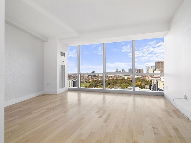 unfurnished room with floor to ceiling windows and light hardwood / wood-style flooring