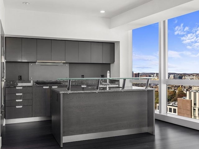 kitchen with black gas cooktop, gray cabinetry, light stone counters, dark wood-type flooring, and a center island with sink