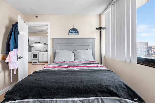 bedroom with a textured ceiling, light hardwood / wood-style floors, multiple windows, and sink