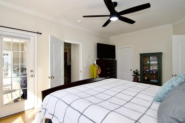 bedroom with a ceiling fan, access to exterior, wood finished floors, and ornamental molding