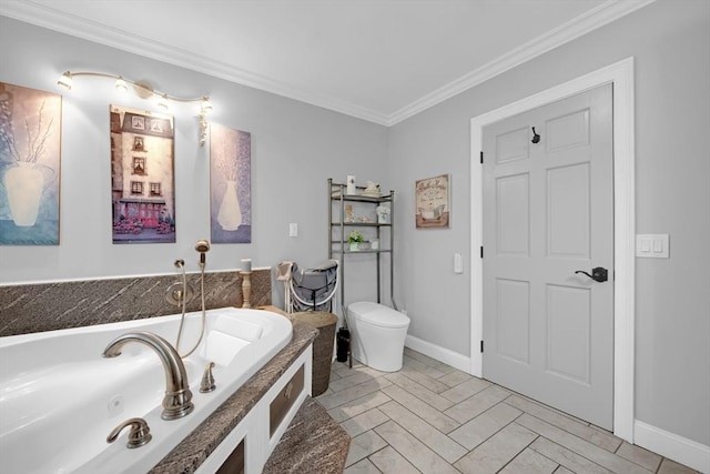 full bath featuring a jetted tub, crown molding, and toilet