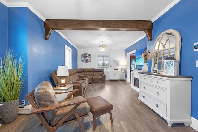 living room featuring ornamental molding, wood finished floors, beamed ceiling, and baseboards