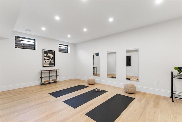 936 Central Ave, Needham, MA 02492 - workout room with wood finished floors, baseboards, and recessed lighting