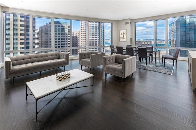 living room featuring a view of city, plenty of natural light, visible vents, and dark wood-style flooring