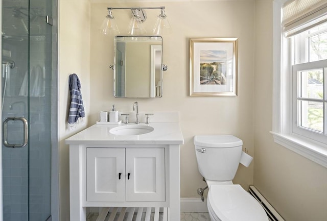 bathroom featuring toilet, a shower stall, a baseboard radiator, and vanity
