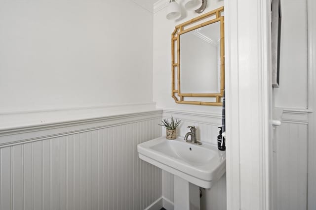 bathroom featuring wainscoting, ornamental molding, and a sink
