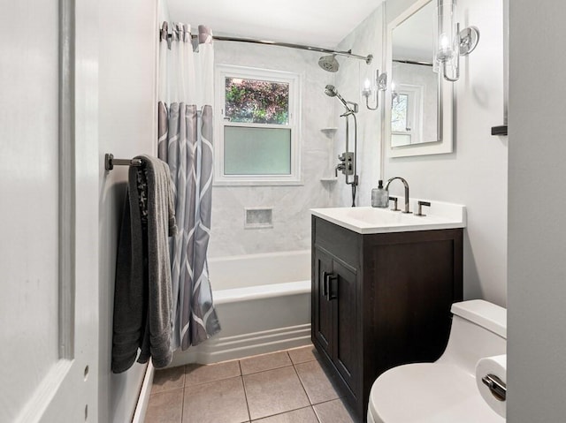 bathroom with tile patterned flooring, toilet, vanity, and shower / bath combination with curtain