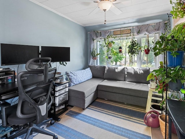 office space with a ceiling fan, ornamental molding, and wood finished floors