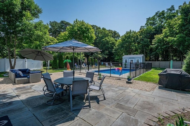 46 Pine, Falmouth, MA 02556 - fenced backyard with a patio, outdoor dining area, an outdoor living space, and an outdoor structure