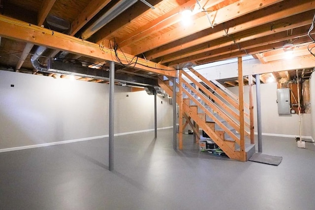 unfinished basement with stairs, electric panel, and baseboards