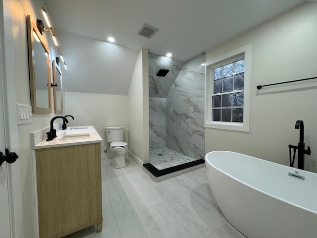 full bathroom featuring lofted ceiling, vanity, toilet, and independent shower and bath