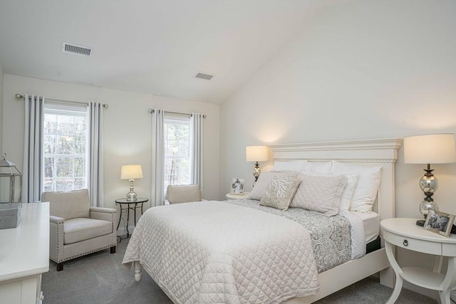 bedroom with vaulted ceiling and carpet flooring