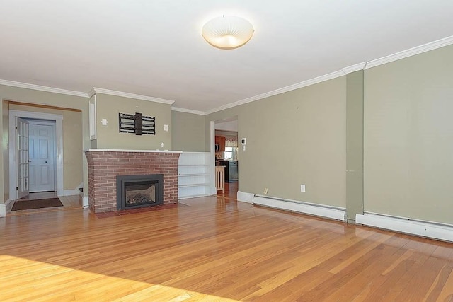 unfurnished living room featuring a brick fireplace, light wood-style floors, baseboard heating, and ornamental molding