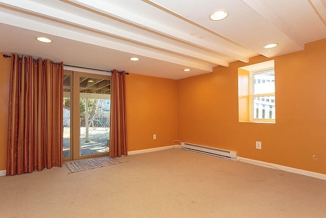 carpeted spare room featuring a baseboard heating unit, beam ceiling, recessed lighting, and baseboards