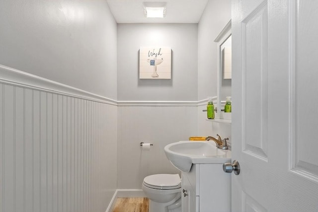 263 Meeting House Path Unit 263, Ashland, MA 01721 - half bath with vanity, toilet, a wainscoted wall, and wood finished floors