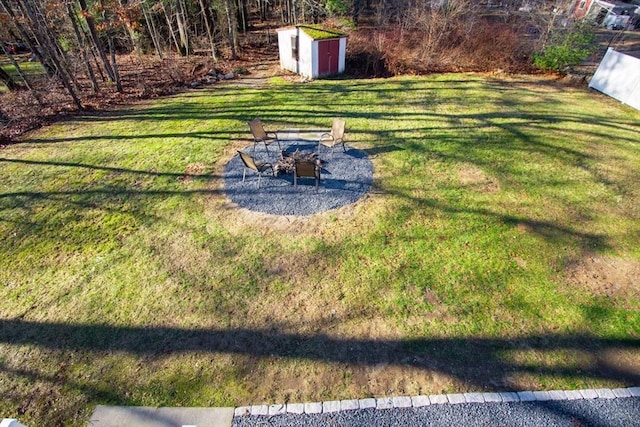 view of yard with an outdoor fire pit and a storage unit