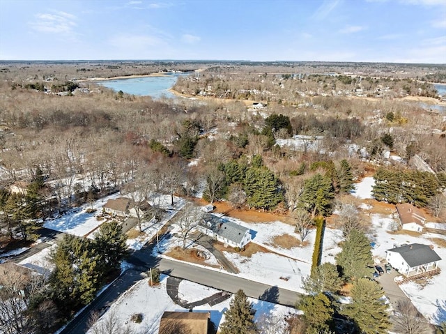 snowy aerial view with a water view