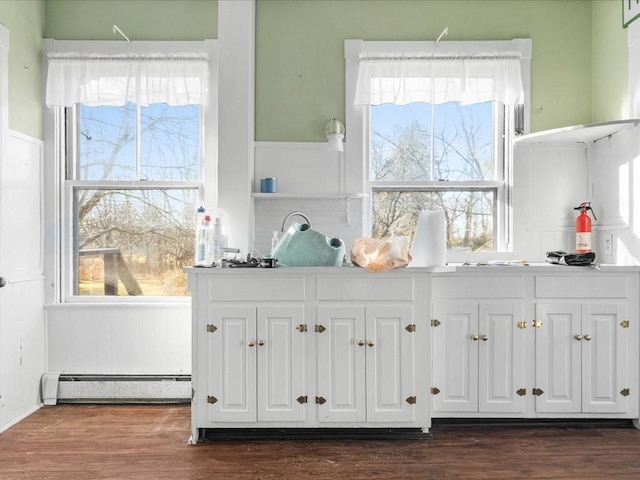 kitchen with dark hardwood / wood-style flooring, white cabinets, and a baseboard radiator