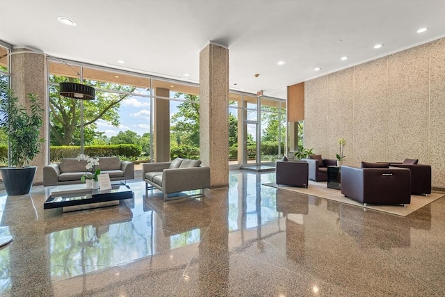 1010 Memorial Dr Unit 3F, Cambridge, MA 02138 - common area featuring a wall of windows, recessed lighting, and a high ceiling