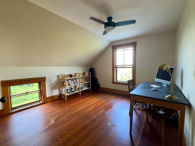 office space with ceiling fan, lofted ceiling, and hardwood / wood-style flooring