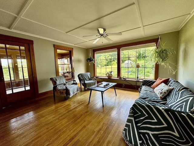 living room with hardwood / wood-style flooring and ceiling fan