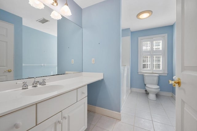 full bathroom with visible vents, toilet, vanity, tile patterned flooring, and baseboards