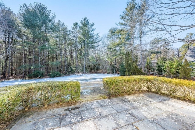 exterior space featuring a forest view