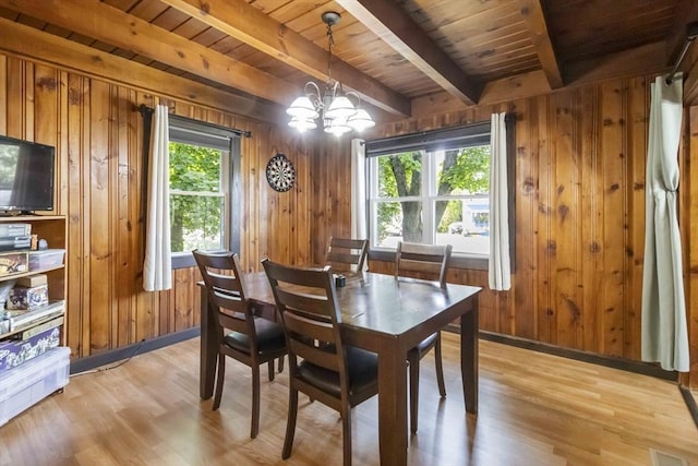 69 Powder Mill Rd, Maynard, MA 01754 - dining room with a wood ceiling with exposed beams, a chandelier, light wood-style floors, and wooden walls