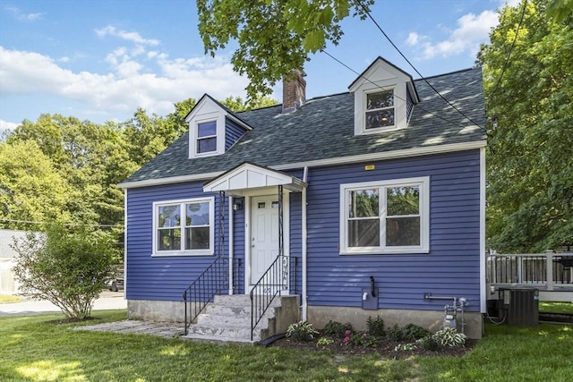 69 Powder Mill Rd, Maynard, MA 01754 - cape cod house featuring entry steps, a chimney, a front lawn, and roof with shingles