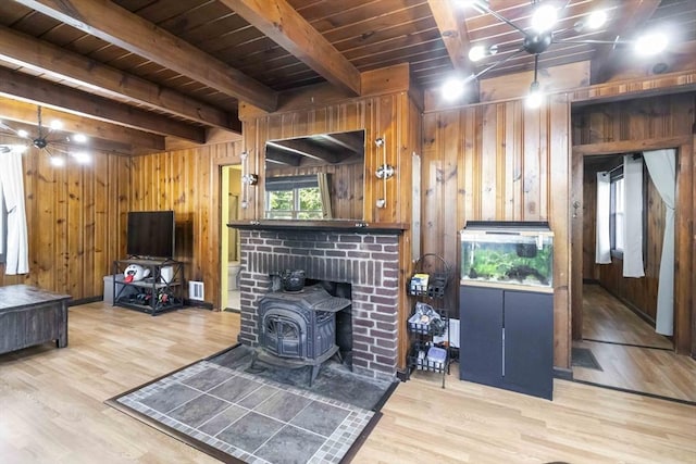 69 Powder Mill Rd, Maynard, MA 01754 - living area featuring wood walls, wood finished floors, a wood ceiling with exposed beams, and a wood stove