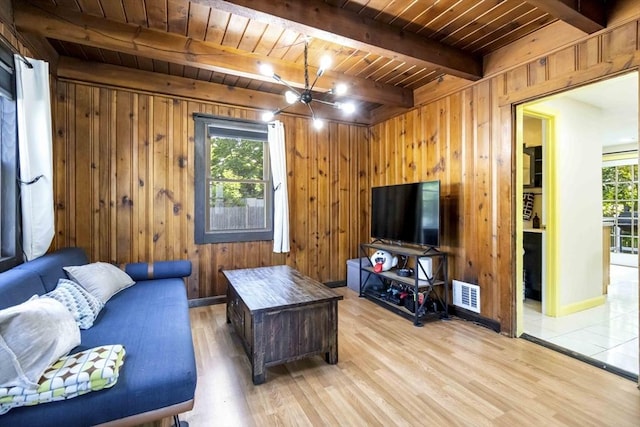 69 Powder Mill Rd, Maynard, MA 01754 - living room featuring light wood finished floors, a wood ceiling with exposed beams, and wood walls