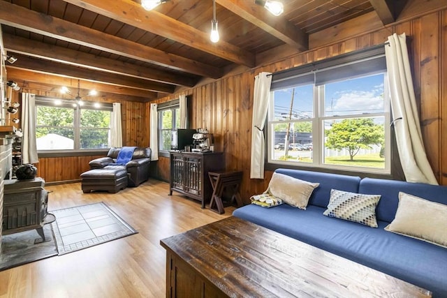 69 Powder Mill Rd, Maynard, MA 01754 - living room with a wood stove, wood walls, wood finished floors, and a wood ceiling with exposed beams