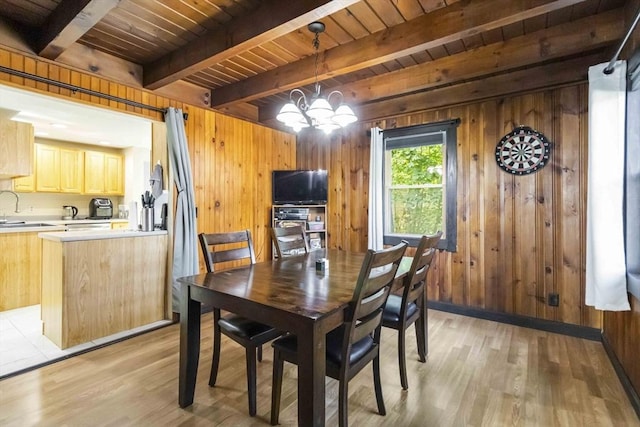 69 Powder Mill Rd, Maynard, MA 01754 - dining space featuring a wooden ceiling with exposed beams, wooden walls, light wood finished floors, and a chandelier