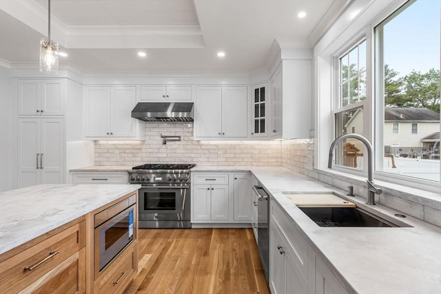 10 Whittier Rd, Natick, MA 01760 - kitchen with appliances with stainless steel finishes, under cabinet range hood, light stone counters, recessed lighting, and light wood finished floors