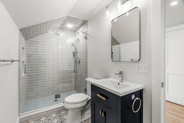 10 Whittier Rd, Natick, MA 01760 - full bathroom with a shower stall, vanity, wood finished floors, and vaulted ceiling