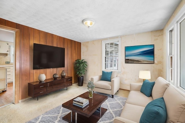 living room featuring light carpet, plenty of natural light, wooden walls, and a textured ceiling