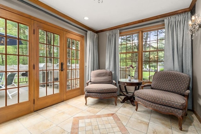 15 Wenlock Cir, Easton, MA 02356 - living area featuring french doors, crown molding, light tile patterned flooring, and recessed lighting