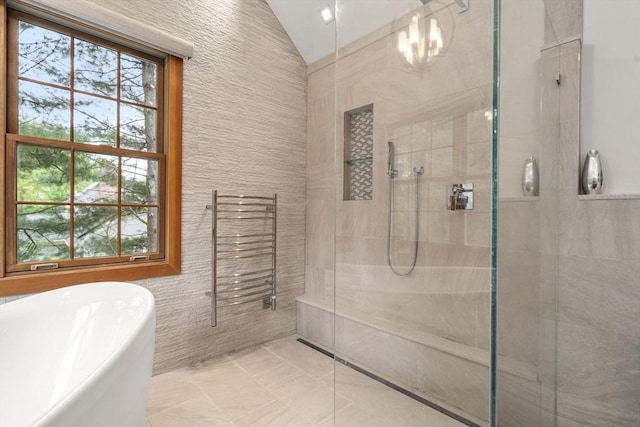 15 Wenlock Cir, Easton, MA 02356 - full bathroom featuring vaulted ceiling, a tile shower, a soaking tub, plenty of natural light, and a chandelier